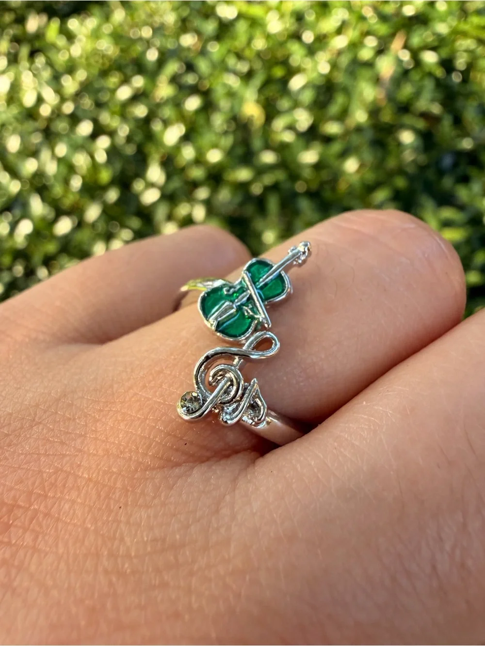 Silver Green Clover Open Ring